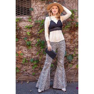 NWT Easel Khaki Animal Leopard Printed Flared Zip Fly Bell Bottom Pants
